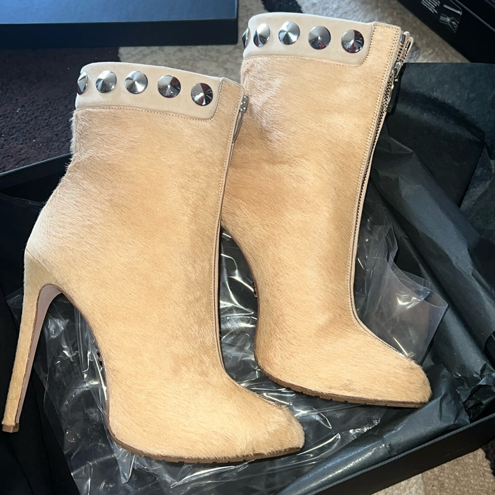 NEW IN BOX! Monika Chiang Beige Studded Calf Hair Ankle Booties with Stiletto
